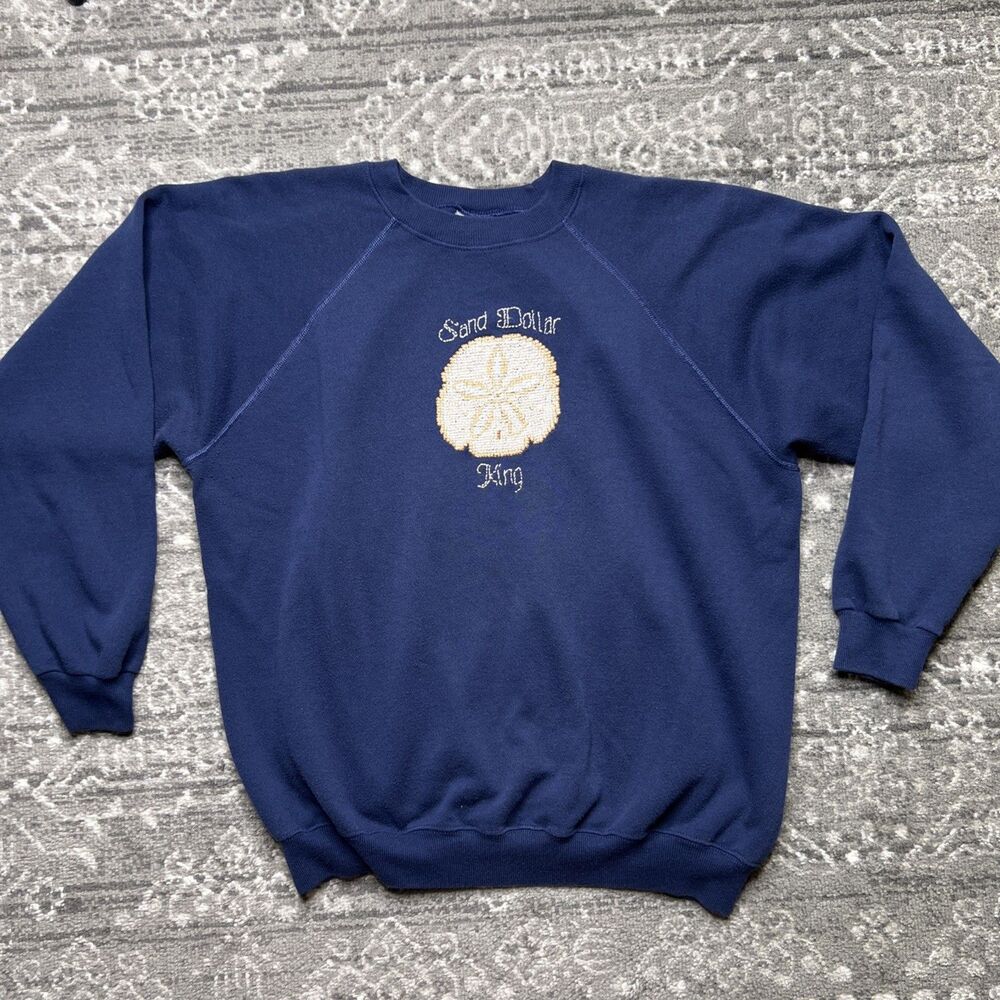 Vintage 90s Sand Dollar Needlepoint Sweatshirt XL Navy Handmade Coastal Nautical